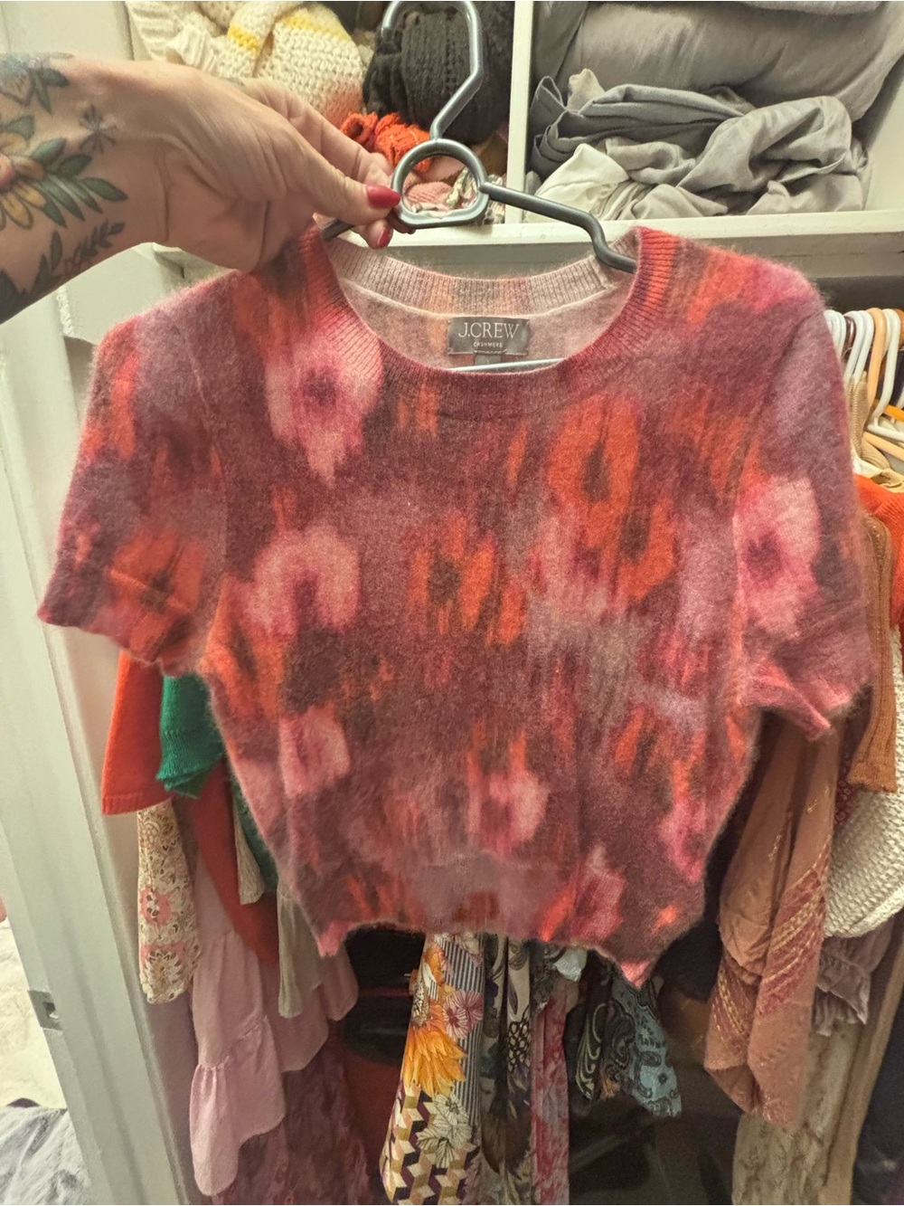 J. Crew Pink and Orange Fuzzy Patterned Cropped cashmere Sweater